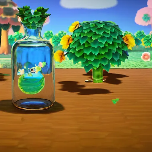 Prompt: animal crossing micro world inside a glass bottle, stunning, beautiful, breathtaking, reflections, bioluminescence, fantasy, hyper - realistic, unreal engine, pattern, fractal