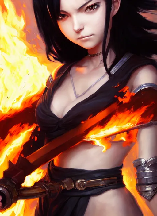 Image similar to Portrait of Anime girl with black hair, she is carrying a burning sword with two hands, wearing metal armor around her chest and waist, realistic, detailed, 4k by Greg Rutkowski Mark Arian trending on artstation