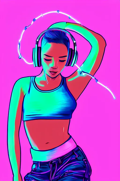 Image similar to a award winning half body portrait of a beautiful woman with stunning eyes in a croptop and cargo pants with ombre purple pink teal hairstyle dancing with headphones on her ears by thomas danthony, surrounded by whirling illuminated lines, outrun, vaporware, shaded flat illustration, digital art, trending on artstation, highly detailed, fine detail, intricate