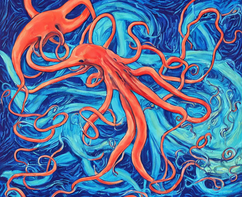 Prompt: a painting of a giant squid with evil tentacles menacing the world, saturated color scheme