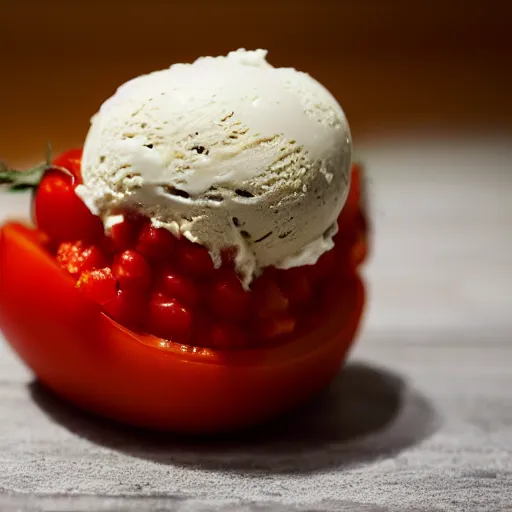 Prompt: a 5 0 mm macro shot of a tomato and ice cream sundae