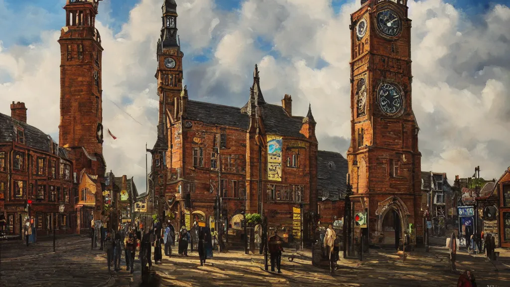 Image similar to Royton clock tower in Oldham, highly detailed oil painting, epic fantasy art, abstraction, masterpeice, 8k