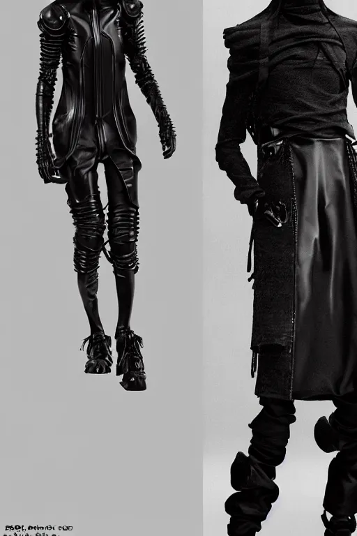 Image similar to beautiful androgynous high fashion avant garde techwear look and clothes, we can see them from feet to head, highly detailed and intricate, luxury, cinematic, rick owens, yohji yamamoto, y 3, outfit photo, hot on r / streetwear, trending on artstation,