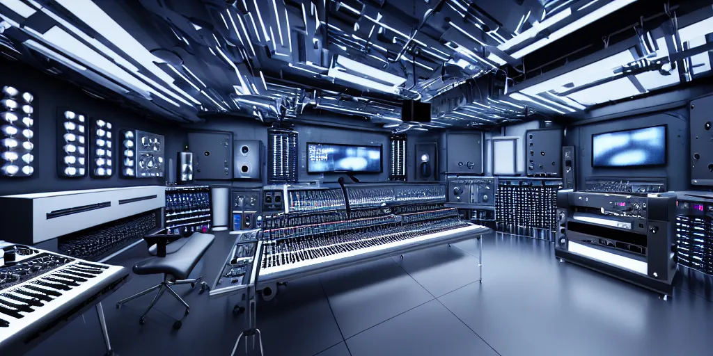 Image similar to futuristic music studio full of mixers, stands and speakers, synthesizer racks, futuristic chairs, led stripes, illuminated knobs, illuminated faders, intricate insanely detailed octane render, 8K artistic photography, ultra photorealistic