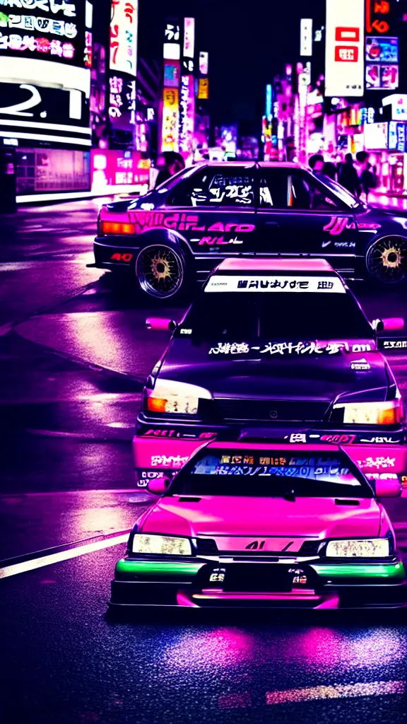 Prompt: a car drift spec JZX100 in middle of road, shibuya prefecture, city midnight neon lights, cinematic color, photorealistic, highly detailed