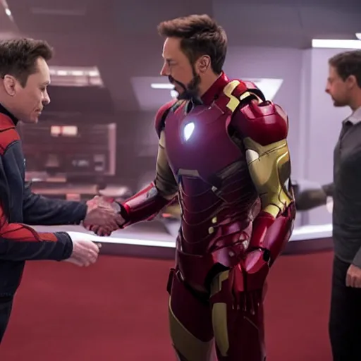 Image similar to a still film of elon musk shaking hands with iron man in new avengers movie, 4k