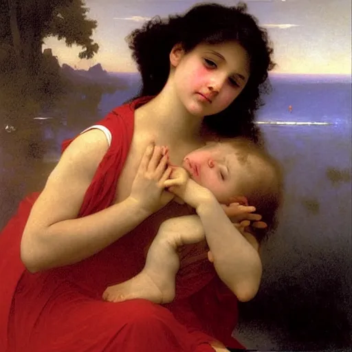 Image similar to Angel crying on top of a red cube made out of water, tears falling from eyes, oil painting by William-Adolphe Bouguereau