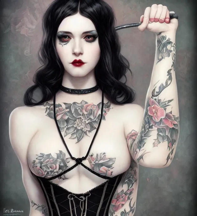 Prompt: two beautiful pale skin white eyed cosplay girls, black hair, fully tattooed body, fishnet corset with choker and whip on hand, symmetrical, beautiful detailed face, masterpiece, artstation contest winner, trending artgerm, paint by tom bagshaw
