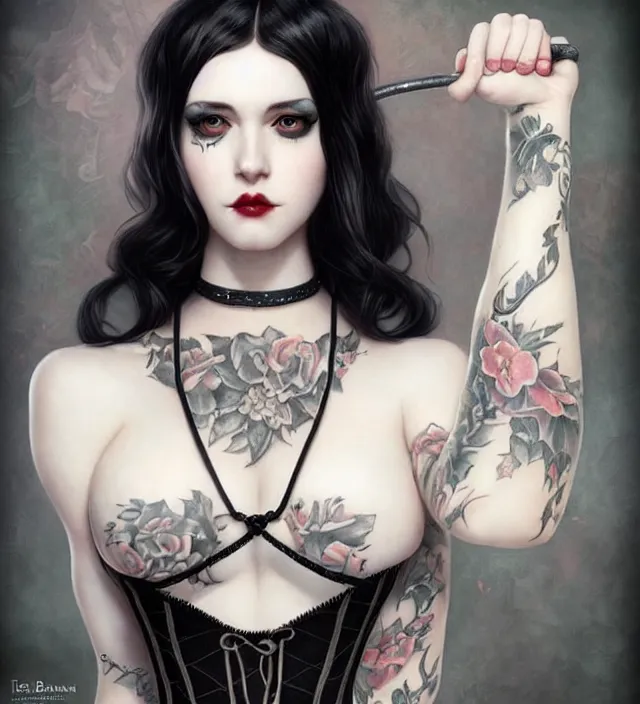 Image similar to two beautiful pale skin white eyed cosplay girls, black hair, fully tattooed body, fishnet corset with choker and whip on hand, symmetrical, beautiful detailed face, masterpiece, artstation contest winner, trending artgerm, paint by tom bagshaw