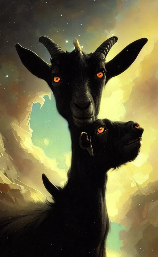 Prompt: a detailed portrait of a black goat in space, concept art, deep focus, intricate, highly detailed, digital painting, artstation, matte, sharp focus, illustration, art by greg rutkowski and alphonse mucha