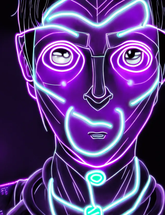 Image similar to a detailed manga portrait of a black haired man with a cybernetic body and face mask with glowing neon purple lights, trending on artstation, digital art, 4 k resolution, detailed, high quality, sharp focus, hq artwork, coherent, insane detail, character portrait