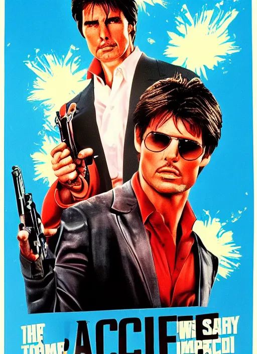 Image similar to the movie poster of scarface with tom cruise, high quality, studio photography, colourful, hero, 1 9 8 8, heroic, beautiful