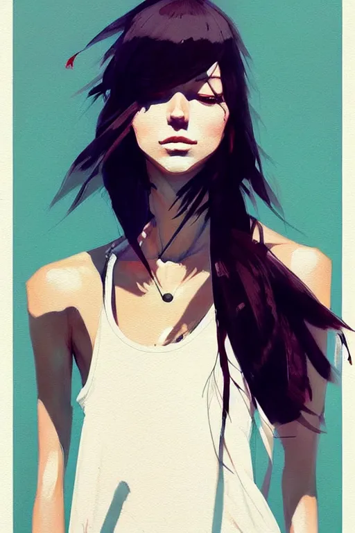 Image similar to a ultradetailed beautiful painting of a stylish woman with a white tank top, by conrad roset, greg rutkowski and makoto shinkai trending on artstation