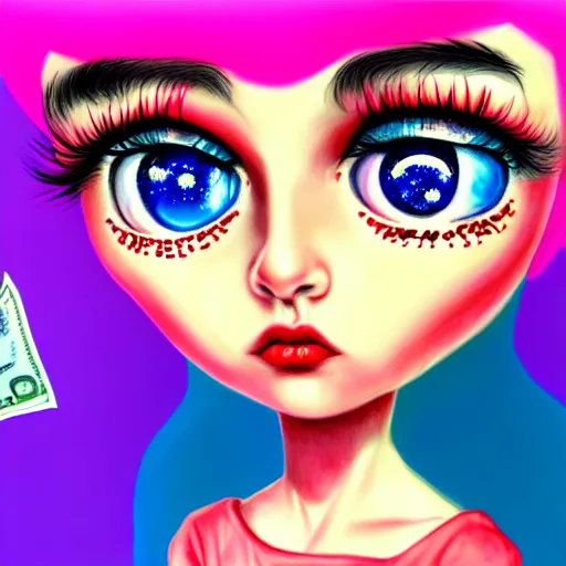 Prompt: digital drawing of the coke logo personified as a cute soda themed girl in the style of the youtuber lavender towne, margaret keane style, large creepy eyes, extremely detailed and colorful eyes, digital art, deviant art, soda themed girl, hyper detailed eyes, money sign pupils, tim burton, scratchy lines