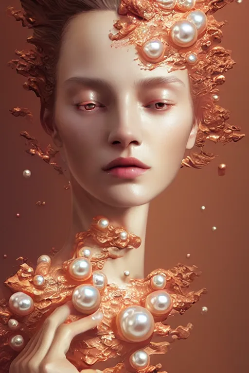 Image similar to 3 d, flowning fashion model, flame, liquid rose gold, pearls, morning, vogue cover style, poster art, high detail, intricate oil painting, multiple exposure, heaven mood, hyperrealism, 3 d, by tooth wu and wlop and beeple and greg rutkowski