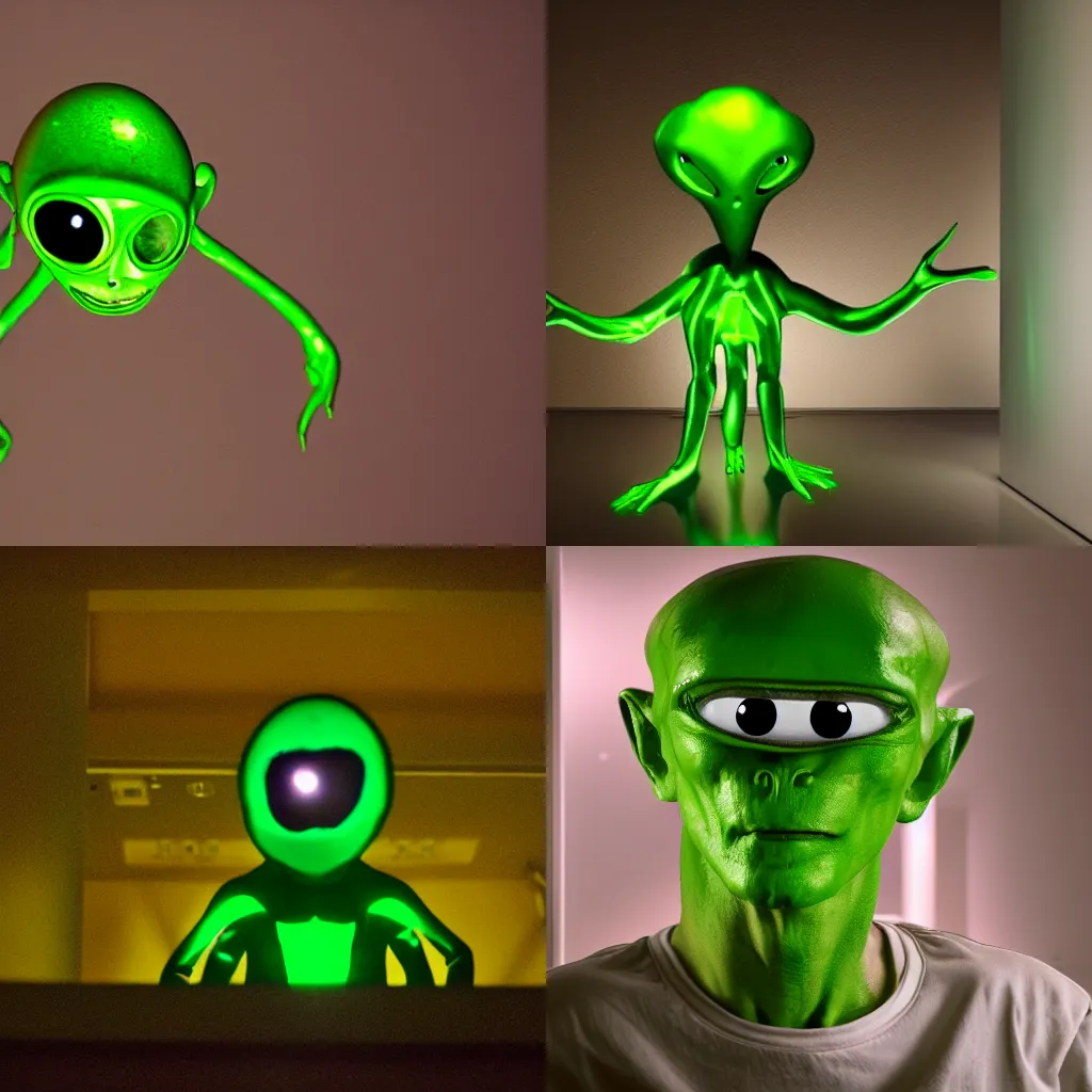 Prompt: green alien hiding in house at night martian