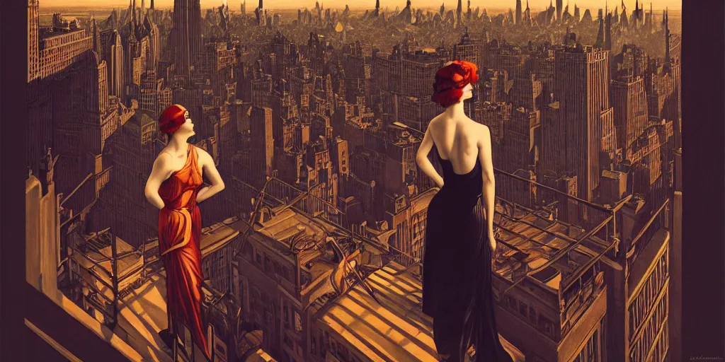 Prompt: a woman standing on a balcony overlooking an axonometric 1920s New York City at dusk, by Rolf Armstrong and Evelyn De Morgan and Bastien Lecouffe-Deharme, dramatic lighting, high contrast colors, baroque, empyrean, panoramic view, as trending on Artstation, highly detailed, doom engine,