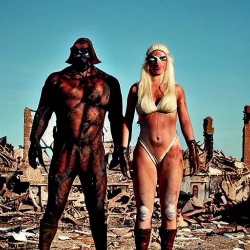 Prompt: a very huge, very big masked mutant man standing next to a small blonde woman. The mutant is huge very big very muscular. The woman is blonde and small, short. They are staring at the horizon where there are the ruins of a city, postapocalyptic, movie still