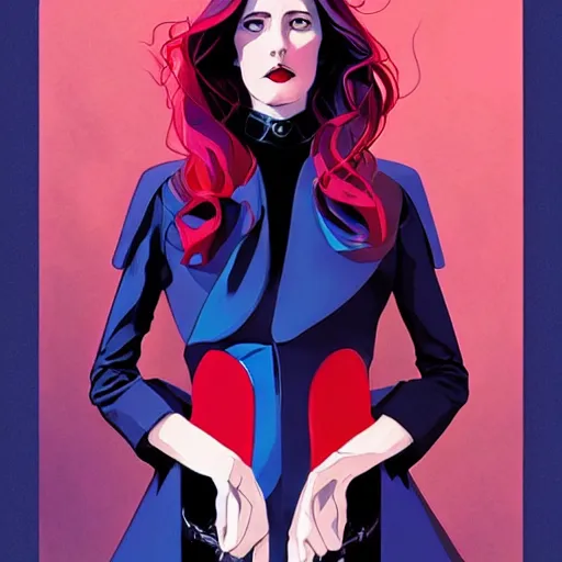 Image similar to Joshua Middleton comic art, wide shot, stunning elegant female Eva Green, Indigo Magician, beautiful evil sneer, symmetrical face, symmetrical eyes, leather clothing and boots, long straight red hair, full body, Indigo occult pattern