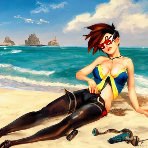 Image similar to pinup art of tracer from overwatch in a beach, artwork by alfred stevens