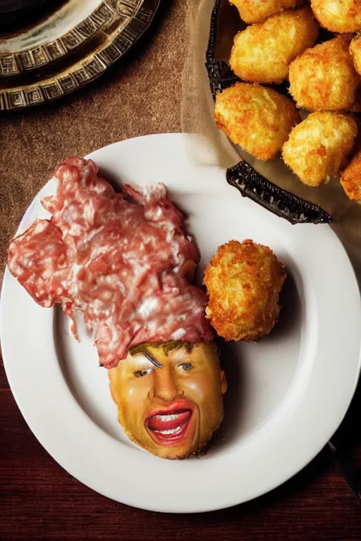 Image similar to a tater tot on a plate with channing tatum face, intricate, 8 k highly professionally detailed, hdr, cgsociety