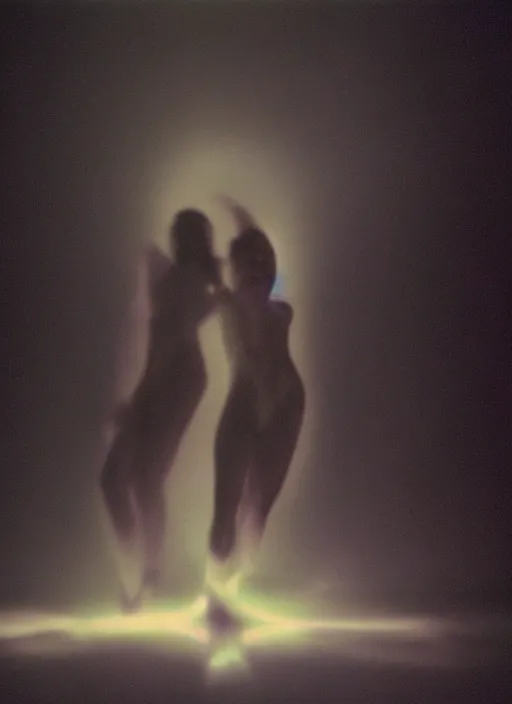 Image similar to symmetrical females ascending astral projection, liquid glowing aura, motion blur, long exposure, film grain, cinematic lighting, experimental film, shot on 1 6 mm