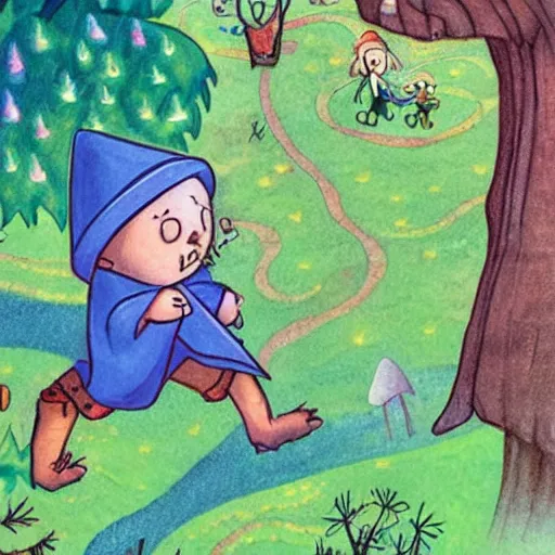 Prompt: tiny wizard navigating a magical forest in children's book