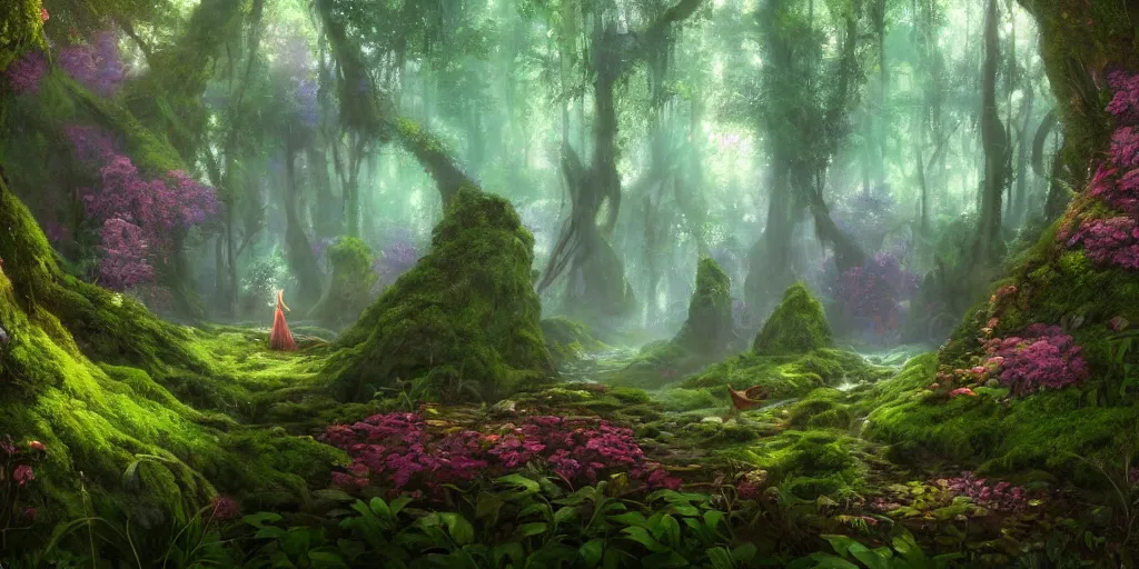 Prompt: a beautiful hyper realistic detailled matte painting of a serene magical forest in faeries land in a dark underground cave, moss and flowers, fireflies, art by Moebius and John Howe and Albert Bierstadt and Alena aenami, unreal engine, trending on artstation, barometric projection, rectilinear, f16