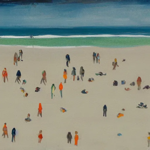 Image similar to a birdseye painting by Sally West of sparse people on a beach from high above, featured on tumblr, action painting, oil on canvas, painterly