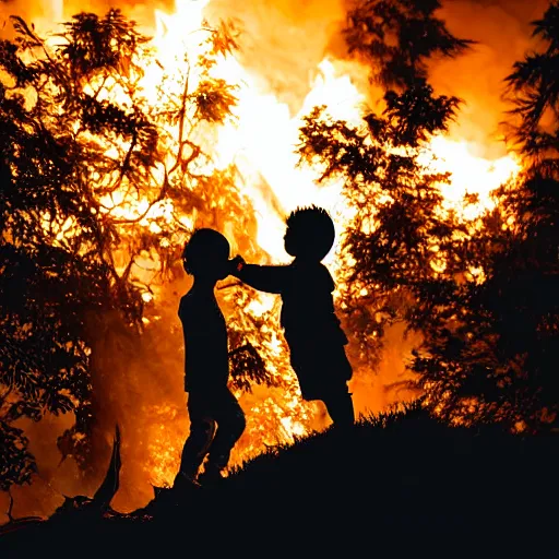 Image similar to a dragon saving a child from a fire, dramatic photography, silhouette, bokeh