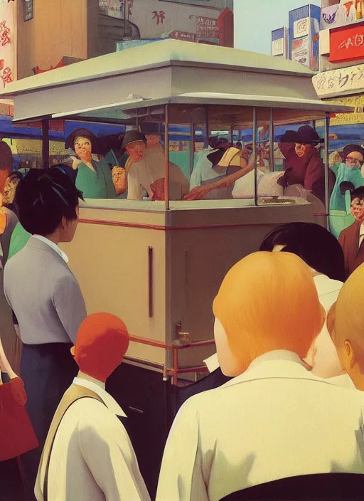 Prompt: crowd around ice cream cart in Tokyo Edward Hopper and James Gilleard, Zdzislaw Beksinski highly detailed