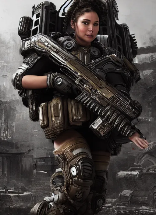 Image similar to Jenette Elise Goldstein from aliens wearing gears of war COG armor, full body portrait, hyper realistic render, artstation, 8k uhd