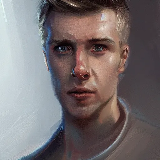 Image similar to portrait of a man with shocked expression by greg rutkowski, he is about 3 0 years old, short blond hair, athletic and strong, straight jaw, wearing futuristic space gear, highly detailed portrait, digital painting, artstation, concept art, smooth, sharp foccus ilustration, artstation hq.