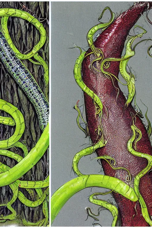 Prompt: a carnivorous plant with a long vine and the head of a barracuda, a carnivorous plant with a long vine and the head of a alligator, side view of a plant showing roots stem and bud, plant photograph showing roots underground