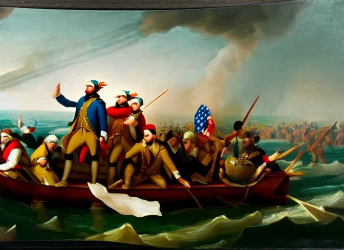 Prompt: oil painting of Washington Crossing the Delaware but everyone is looking at cell phones and Washington is taking a selfie