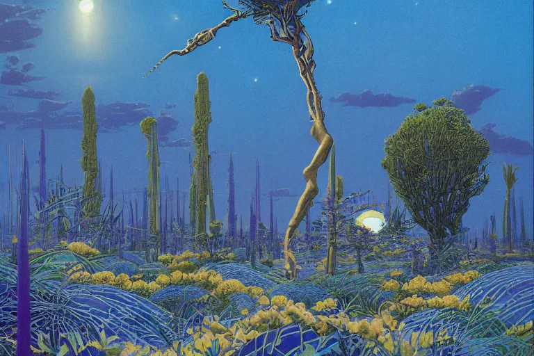 Prompt: evangelionic illustration, a lot of exotic deep blue vegetation, tall thin lavender trees, tremendous pleasure, gold iridescent flowers, oldschool vintage sci - fi flat surreal design, super - detailed, digital oil painting by moebius, hd, 4 k, high quality