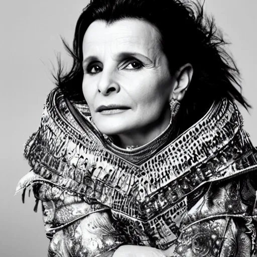 Prompt: Juliette Binoche wearing Mongolian armor, portrait, fashion photography, by Hedi Slimane