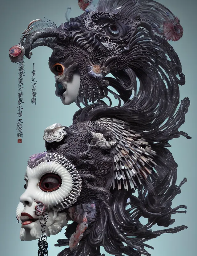 Image similar to 3 d goddess of hell close - up profile portrait with ram skull. beautiful intricately detailed japanese crow kitsune mask and clasical japanese kimono. betta fish, jellyfish phoenix, bio luminescent, plasma, ice, water, wind, creature, artwork by tooth wu and wlop and beeple and greg rutkowski