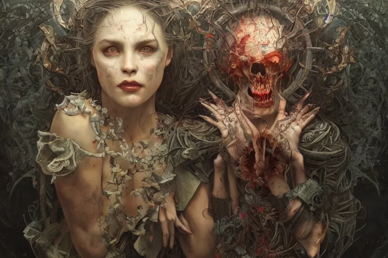 Prompt: a painting of hell, agony, pain, scary, creepy, concept art, intricate details, eerie, highly detailed, photorealistic, octane render, 8 k, unreal engine. art by artgerm and greg rutkowski and alphonse mucha