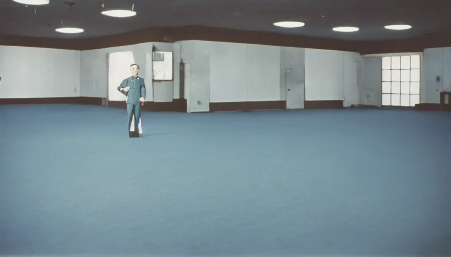 Image similar to 60s movie still of a sovietic stalinist style empty blue ballroom with one man standing, cinestill 800t 50mm eastmancolor, liminal Space style, heavy grain-s 150