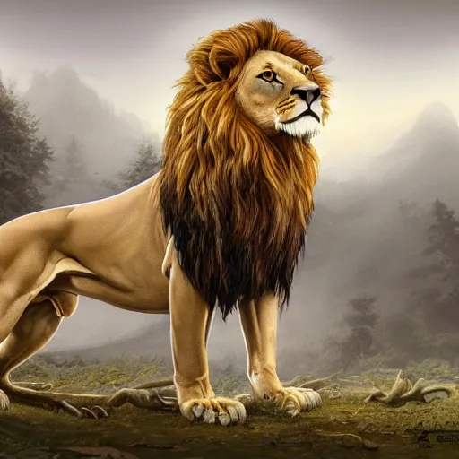 Prompt: clear portrait of a anorexic lion, hideous appearance, nature background, malnourished, cottagecore!!, background hyper detailed, character concept, full body, dynamic pose, intricate, elegant, highly detailed, digital painting, artstation, concept art, smooth, sharp focus, illustration, art by artgerm and greg rutkowski and alphonse mucha