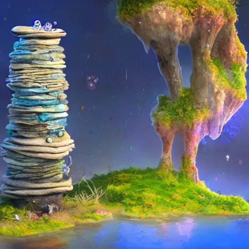 Prompt: tiny stone tower, expressive eyes, floating, rbc, radiolaria, protophyta, micro - organisms, center frame, symmetric, rim light, marine microbiology, bioluminescence, electric, fur, soft, concept art, intricate details, highly detailed, colorful, photorealistic, disney pixar, octane render, iridescent, anime