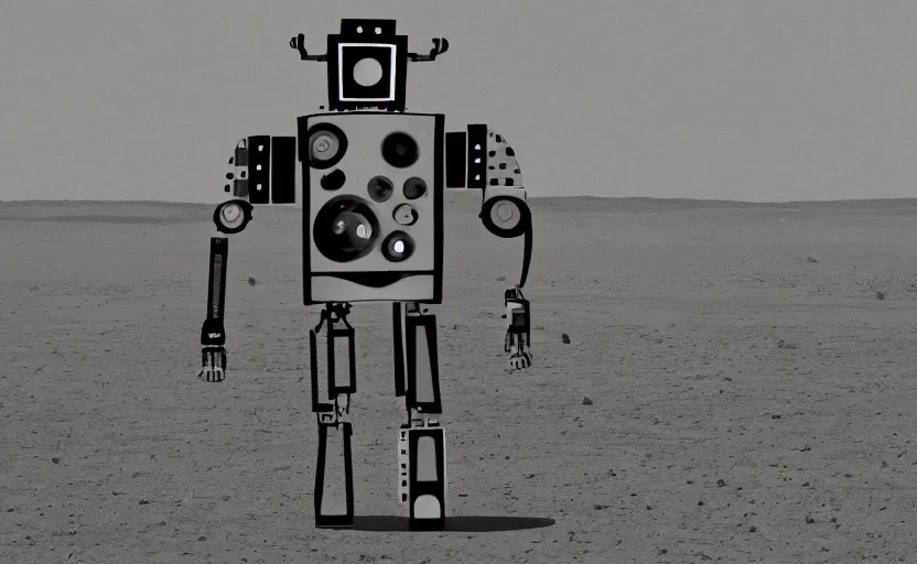 Image similar to a robot made out of vintage televisions, walking through the desert, desperate looking for water, digital art