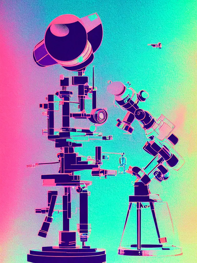 Image similar to ( ( strong dither ) ), editorial illustration scientific lab test tube telescope microscope astronaut, colorful modern, mads berg, karolis strautniekas, christopher balaskas, fine texture, dynamic composition, detailed, matte print, dynamic perspective, halftone texture, muted color, lomography, risograph