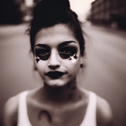 Prompt: beautiful young latino woman with gutterpunk pen ink face tattoos at golden hour, black & white, stars in background, cinematic diane arbus, leica s, 5 0 mm, fuji 8 0 0, grainy, low light