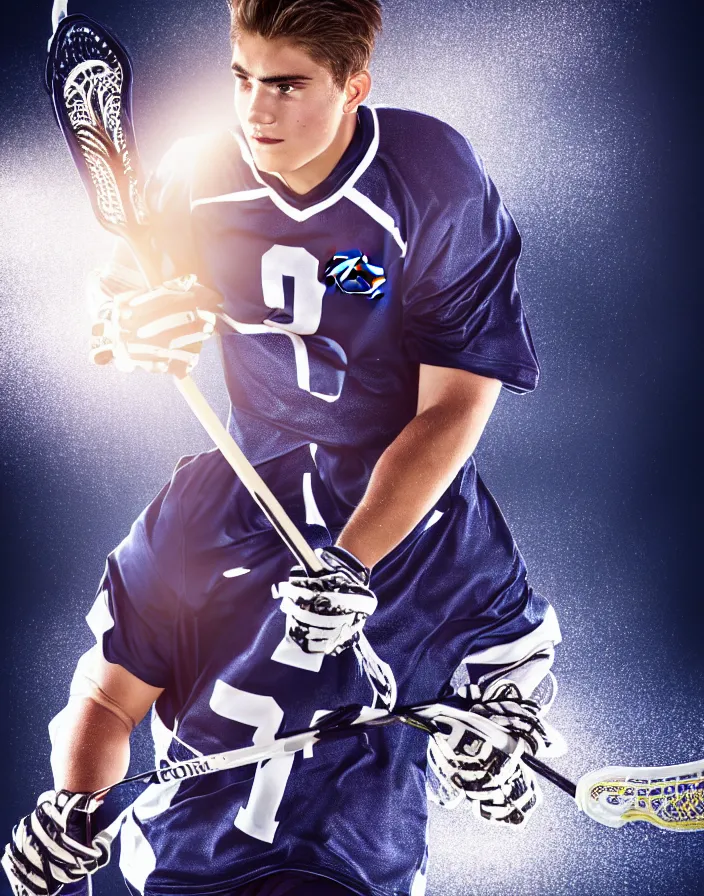 Image similar to closeup portrait of very beautiful cute male lacrosse player in a penn state stadium, glamour pose, particle effects, backlit, highly detailed, soft ambient lighting, sharp focus, rule of thirds, artgerm, wlop, arney freytag, rossdraws, frank frazetta, andrei riabovitchev, hd, octane, 4 k