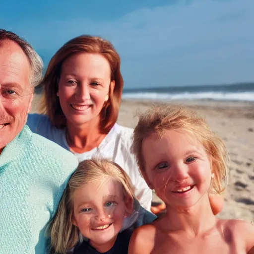 Prompt: portrait of a happy family at the beach, photo by annie leibovitz, realistic, smooth face, perfect eyes, wide angle, sharp focus, 8 k high definition