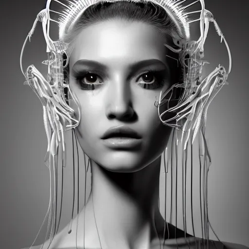 Image similar to closeup portrait of an absurdly beautiful, graceful, sophisticated, fashionable cyberpunk mechanoid gravure idol, an ultrafine hyperdetailed illustration by irakli nadar, matt wisniewski style, fashion photography, intricate linework, porcelain skin, jellyfish headdress, fractal ivory carved ruff, unreal engine 5 highly rendered, global illumination, radiant light, detailed and intricate environment