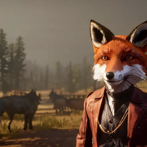 Prompt: video game screenshot of an anthropomorphic fox wearing western sheriff outfit as a character in red dead redemption 2