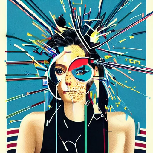 Image similar to beautiful elegant woman haloed by an explosion of chart lines and graphs by sandra chevrier, rik oostenbroek, simple contrasted color, white background